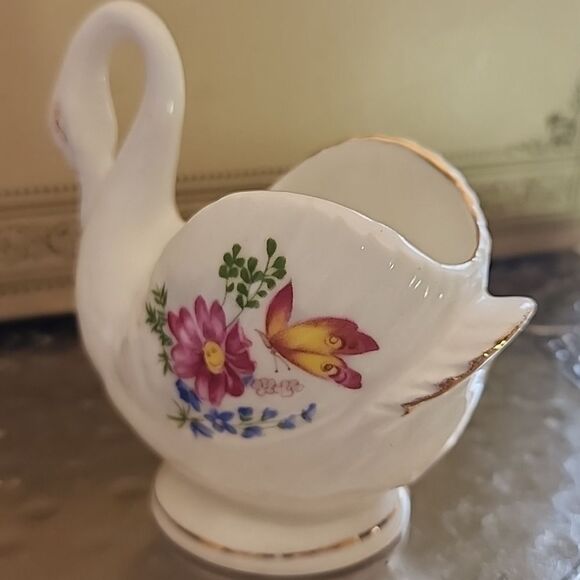 Vintage Floral Swan Figurine Trinket Dish Lefton Porcelain Coquette Bridal - Picture 4 of 14